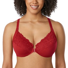 DELIMIRA Women's Front Closure Plus Size Full Coverage Lace Underwire Racerback Bra Dark Red 40F