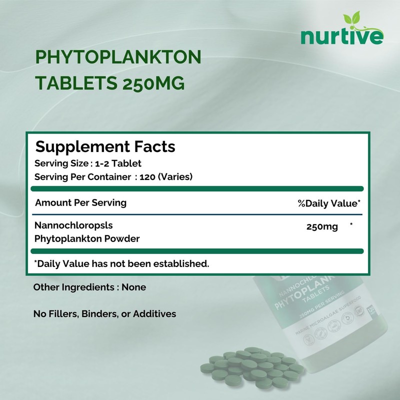 Nannochloropsis Phytoplankton Tablets – 250mg per Serving – Vegan, Gluten-Free,