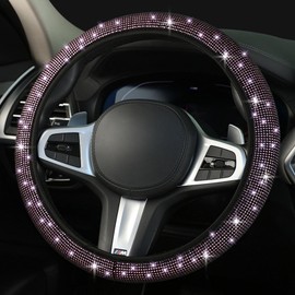 Steering Wheel Covers with Bling Rhinestones, 38 Cm/15 Inch Universal Fit Steering Wheel Cover Girly Boys with Sparkly Crystal Diamond, Anti-Skid Car Steering Wheel Protective Cover (Pink)