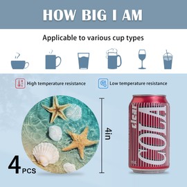 Coasters for Drinks,Starfish and Seashell On Beach Absorbent Coaster Set of 4 with Cork Base,Ceramic Drink Coasters for Cold Drinks Wine Glasses Cups Mugs,Housewarming Gifts for Home Decor