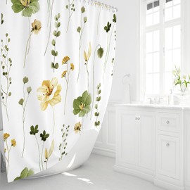 Gibelle Extra Long Shower Curtain 72 x 84, Watercolor Floral Fabric Shower Curtain, Olive Green Beige Flower Decorative Bathroom Shower Curtain Set with Hooks