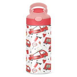 Boccsty Firefighter Pattern Fire Truck Kids Water Bottle with Straw Lid Insulated Stainless Steel Reusable Tumbler for Boys Girls Toddlers 12 oz Pink