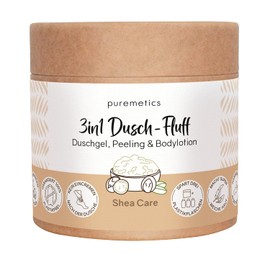 puremetics 3-in-1 Shower Fluff (250 g) | Shower Gel, Exfoliating and Lotion in One | Vegan & Plastic-Free | Nourishing, Skin Refining & Smoothing | Sugar Sea Salt Peeling | Zero Waste (Shea Care)