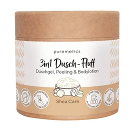 puremetics 3-in-1 Shower Fluff (250 g) | Shower Gel, Exfoliating and Lotion in One | Vegan & Plastic-Free | Nourishing, Skin Refining & Smoothing | Sugar Sea Salt Peeling | Zero Waste (Shea Care)