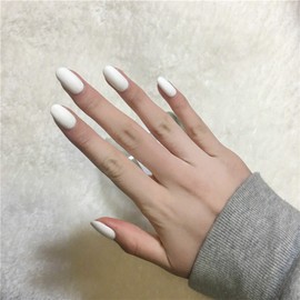 Allereya Short Oval Press On Nails White Matte Artificial Nails Shiny Ballerina Nails Full Cover Acrylic Nails French Clip On Nails Tips for Women and Girls 24 Pieces (White)