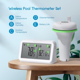 INKBIRD IBS-P02R Floating Pool Thermometer Set, Wireless Pool Thermometer with Indoor Temperature Humidity Monitor, IPX7 Waterproof, for Swimming Pools, Hot Tubs, Small Ponds, Aquariums