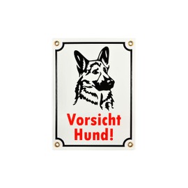 Caution Dog Sign - 15 x 20 cm - Ceramic Enamel - Weatherproof - Dog Warning Sign - Tin Sign - Enamel Sign - White Enamel Sign