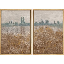 SIGNLEADER Framed Canvas Print Wall Art Set Impressionist Riverbank Golden Wildflowers by the Water Illustrations Modern Relax/Calm for Living Room, Bedroom, Office - 16"x24"x2 NATURAL
