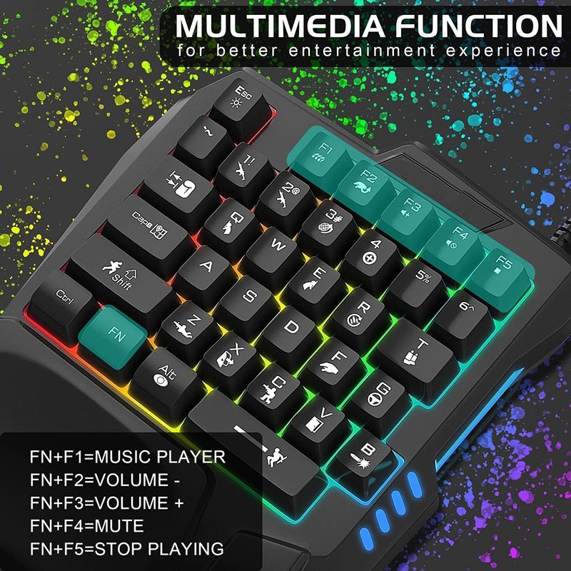 GONRIDASH One-Handed Gaming Keyboard, 35 Keys, 3 Color Backlight, Wide
