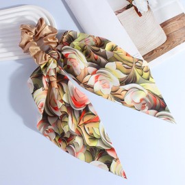Girlssory Hair Scarf Hair Scrunchies with Ribbon Chiffon Floral Hair Scarves Boho Elastic Floral Bow Ponytail Vintage Accessories for Women (Champagne)