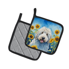 Caroline's Treasures Komondor in Sunflowers Pair of Pot Holders Kitchen Heat Resistant Pot Holders Sets Oven Hot Pads for Cooking Baking BBQ, 7 1/2 x 7 1/2