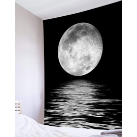LB Large Full Moon Over Ocean Tapestry Wall Hanging, Black and White Large Moon, 3D Fantasy Starry Night Sky Indie Wall Tapestry Wall Art for Bedroom Living Room Dorm Home Decor, 70.9 x 92.5 Inches
