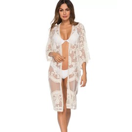 Leisofter Women's Crochet Kimono Cardigan Bikini Cover Up, Summer Loose Long Boho Bikini Cover Up, Lightweight Women Beachwear Covers, Beach Dresses, Leaves-beige