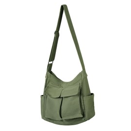 Tibroni Canvas Messenger Bag, Large, Casual Vintage Tote Bag, Aesthetic, Crossbody Bag with Multiple Pockets, Men's Shoulder Bag with Large Capacity, for Travel, Work, School, Shopping, Daily, Green,