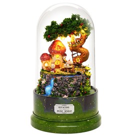 Dollhouse Miniature Handmade Kit Set Dollhouse Tower Dome Series Rotating Music Box + LED Light + Domed Acrylic Cover (Mushroom House by Stream)