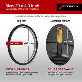 Fincci Fat Bike Inner Tubes 20 x 4.0 - Pair 100-406 mm with 48mm Schrader Valve - For Fat Tire and Mountain, Electric & Road Bicycles - Suitable for Sand, Snow, Dirt & Trail Use- Pack of 2 accessories