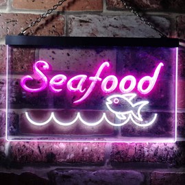 Seafood Fish Restaurant Dual Color LED Neon Sign White & Purple 12" x 8.5" st6s32-i0070-wp