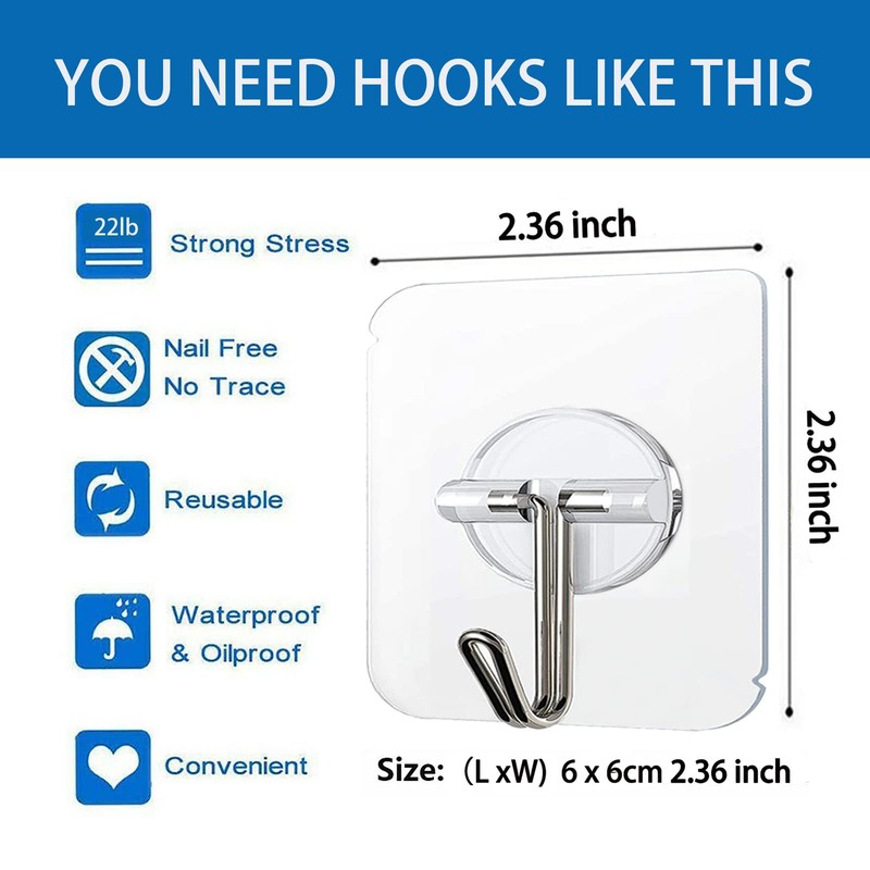 Adhesive Hooks 40 Pack 22lb(Max) Adhesive Wall Hooks, Heavy Duty