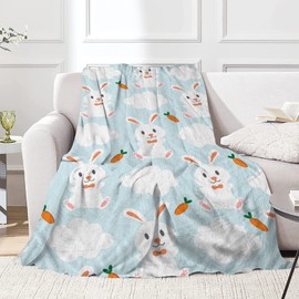 JOOCAR Easter Bunny Throw Blanket Cartoon Cute Bunny and Carrot White Cloud Blue Blanket Cozy&Soft Plush Blankets for Bed Couch Living Room Sofa Chair,50x60 Inch