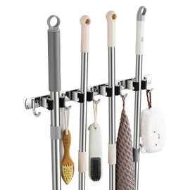 TOPSKINOY Broom Holder Wall Mount, Stainless Steel Broom Hanger Wall Mount, Heavy Duty Mop and Broom Holder Tool Racks Utility Hooks for Laundry Room Garden Garage, Black (4 Racks and 5 Hooks)