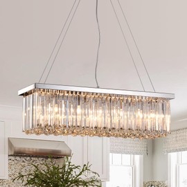Modern Silver Rectangular Crystal Chandelier, Dining Room Chandeliers Over Table, Luxury Chrome Pendant Ceiling Light Fixtures for Kitchen Island, Living Room, Bar of CRYSTOP