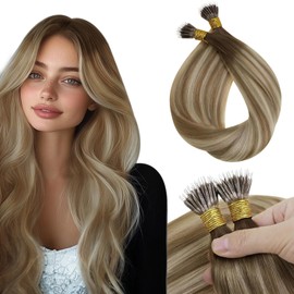 Sunny Nano Ring Human Hair Extensions 20Inch Dark Brown Fading To Light Brown Mix Golden Blonde Nano Ring Hair Extensions Real Human Hair Silky Straight Hair Nano Rings Extensions 50Strands 50G/Pack