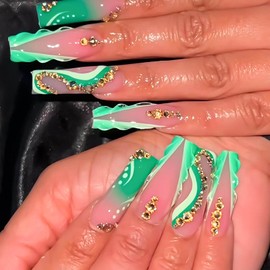 RUOKEXIN Long Press on Nails French Tip Fake Nails Green False Nails with Gold Rhinestones Designs Square Nail Press ons Sparkly Artificial Nails Cute Stick on Nails for Women 24Pcs