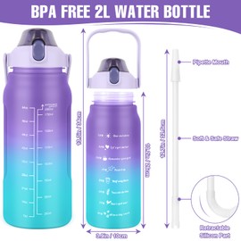 KETIEE Water Bottle 2L 2 Litre Water Bottle 2 Litres with Straw & Adjustable Shoulder Strap & Fruit Container, BPA Free Leak-Proof Sports Bottle with Time Marking, Purple Blue