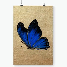 Blue Butterfly Painting Canvas Print, Vintage Animal Wall Art Blue Butterfly On Gold Leaf Wall Decor For Home Living Room 12X18 in Unframed