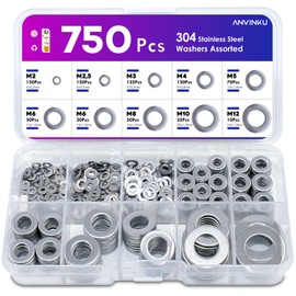 ANVINKU Washers Set, 750 Pieces Flat Washers Stainless Steel, 9 Sizes Washers Assortment, Stainless Steel Washers for Screws, Washer M2 M2.5 M3 M4 M5 M6 M8 M10 M12
