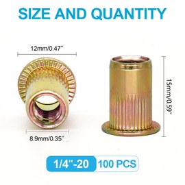 Trivd Frol 100Pcs 1/4"-20 UNC Rivet Nuts, Zinc Plated Carbon Steel Threaded Rivet Insert Nutsert Rivnuts Kit