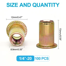 Trivd Frol 100Pcs 1/4"-20 UNC Rivet Nuts, Zinc Plated Carbon Steel Threaded Rivet Insert Nutsert Rivnuts Kit