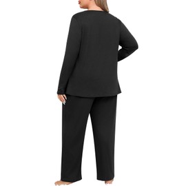 POSESHE Womens Plus Size Black Pajama Sets Plus Size Loungewear for Women Long Sleeve Fall Crew Neck Pajamas with Pockets,3XL