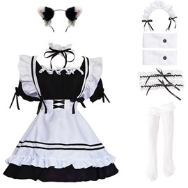 LISANEK Maid Outfit Anime Cosplay Lolita Maid Dress French Maid Costume Plush cat ear Socks set (L, Black)