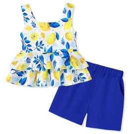 SOLOYEE Toddler Girl Clothes Summer Outfits, Sleeveless Ruffle Hem Tank Top + Shorts 2Pcs Cute Baby Girls Clothing Set (Dark Blue,3-4T)