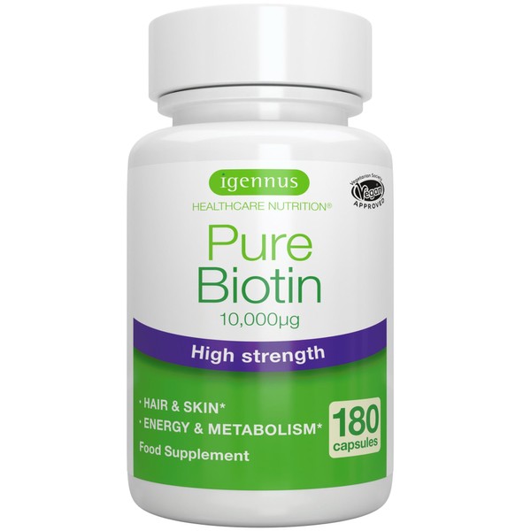 Pure Biotin 10,000 mcg, D-Biotin, Clean Ingredients, 1-a-Day, 180 Capsules, Lab Verified, Vegan & Hypoallergenic, Supplement for Hair Growth, Skin & Energy, by Igennus