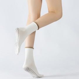 Yoga Pilates Socks with Grips for Women Non Slip Colorful Cushioned Crew Socks for Barre Ballet Dance (Cream White)