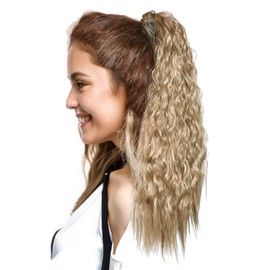 LEEWIN Ombre Color Corn Wave Ponytail Extension Velcro Wrap Around Clip in Fake Pony Tail Synthetic Hairpiece for Women (22inch, M 6/10D)