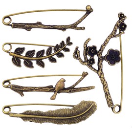 5 pcs Large Safety Pins for Women Brooch Vintage Shawl Pin Hat Pin Leaf Feather Bird Branch Ancient Bronze 5 Styles
