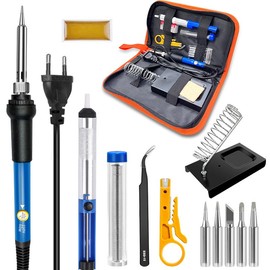 13-Piece Soldering Iron Set, 60 W Soldering Iron Soldering Set with On/Off Switch 200-450 °C, Adjustable Temperature Button, 5 Soldering Tips, Curved Tweezers, Soldering Wire, Iron Stand with Sponge,