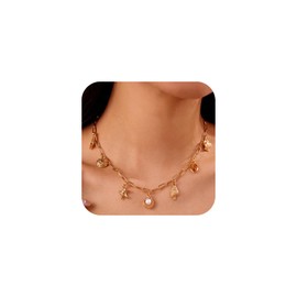 Gold Seashell Starfish Charm Necklace for Women,Boho Beach Turtle Shell Starfish Necklace Summer Pearl Surf Gold Necklaces Jewelry Accessories, Metal, No Gemstone