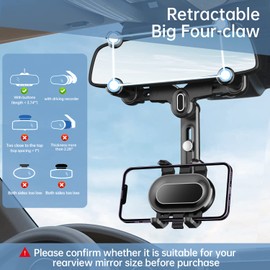 WUITIN Rearview Mirror Phone Holder for Car,360°Rotatable and Retractable Multifunctional Rear View Mirror Phone Holder,Four Corners Fixed Anti-Shake Design,for All Mobile Phones and All Car