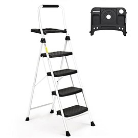 SocTone 4 Step Ladder, Folding Step Stool with Tool Platform, Sturdy& Portable Steel Ladder for Adults, 330LBS Capacity Ladder for Home Kitchen Pantry Office
