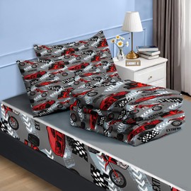 Twin Zipper Bedding, Extreme Sports Car Zipper Bedding Sets for Boys, 3pcs All in on one, Racecar Bike Motocross Kids Comforter Set with Fitted Sheet and 1 Pillowcase