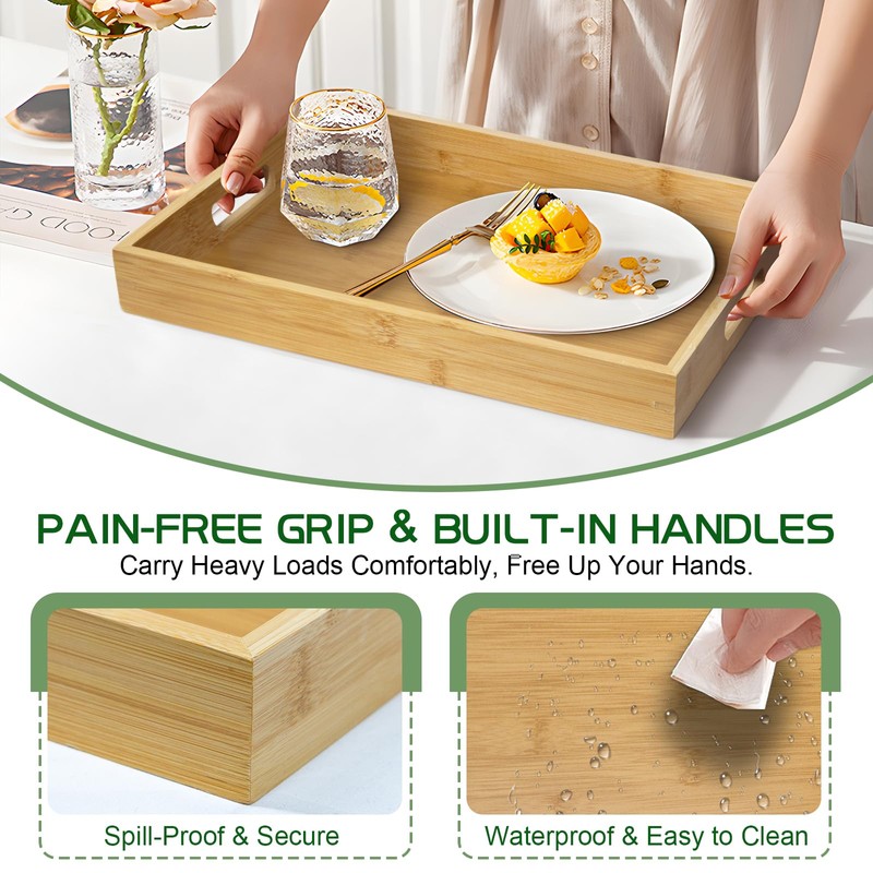 MAONAME Bamboo Serving Tray with Handles, Rectangular Decorative Tray for