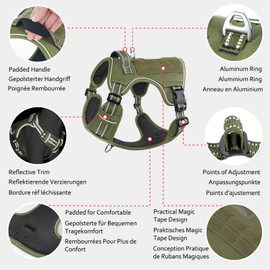 HEELE Dog Harness, Tactical Dog Harness with Molle Panel, Harness for Small Medium Large Dogs No Pull Adjustable Padded Reflective Harness with Handle for Walking Training, Army Green, L