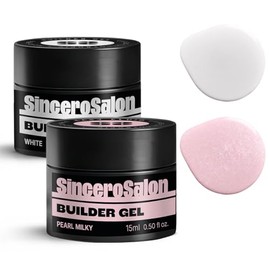 Sincero Salon Solid Builder Gel Set – White & Pearl Milky – Hard Builder Gel for Nail Extension Repair and Strengthening – Self-Leveling Formula – Ideal for Use with Forms – 2x15ml