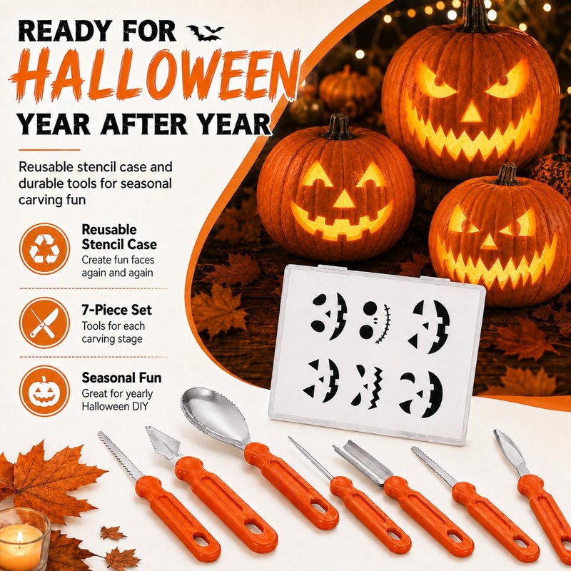 Halloween Pumpkin Carving Kit with 7 Stainless Steel Tools