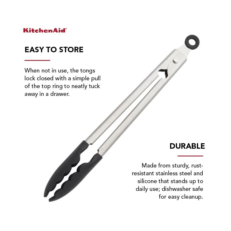 KitchenAid Silicone Tipped Stainless Steel Tongs, 12 Inch, Black