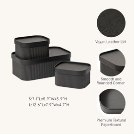 LA JOLIE MUSE Fluted Cardboard Storage Baskets with Leather-Like Lids, Paper Boxes Decorative Tray, Modern Basket Organizer Bins for Jewelry Shelve Bathroom Bedroom Organizing,Black, Set of 3